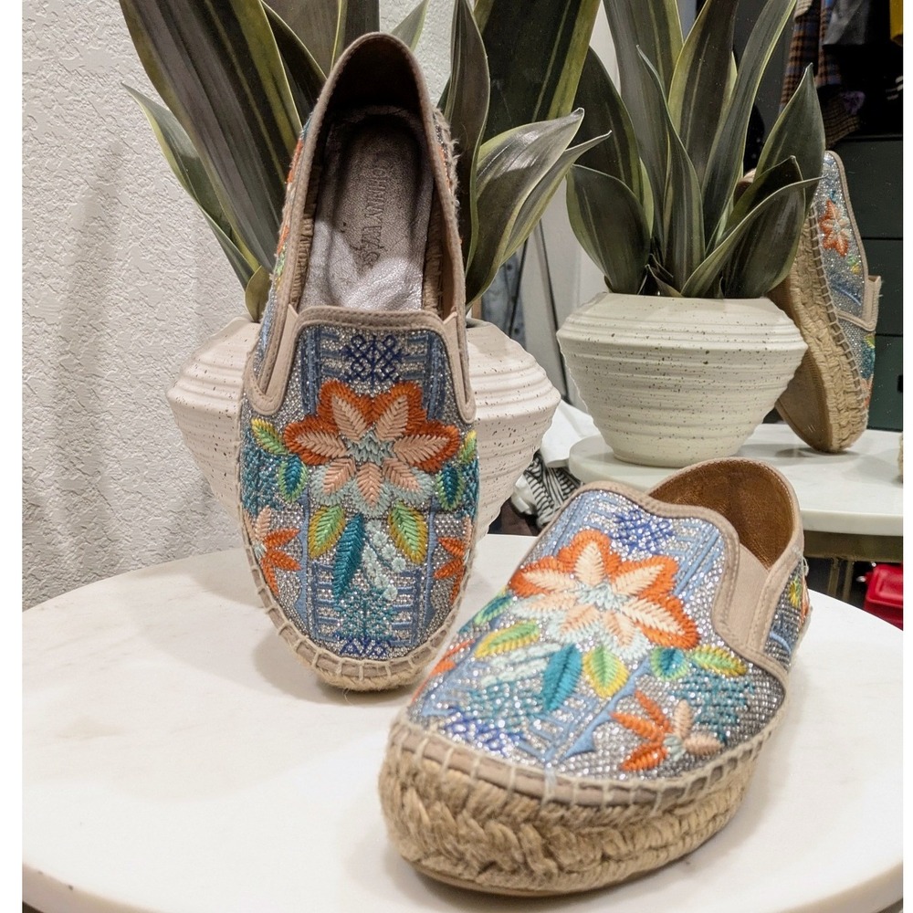 Johnny Was Elysia Metallic Floral Embroidered Espadrille Sz 39 Blue Boho Slip On